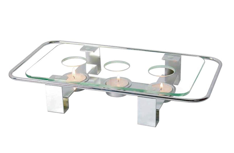 NEWLINE NY NewlineNY Chrome Plated Glass Dish Warmer  Rectangular Glass-Top 3 Holes Tea Light Votive Candle Gourmet Food Warmer - Image 1